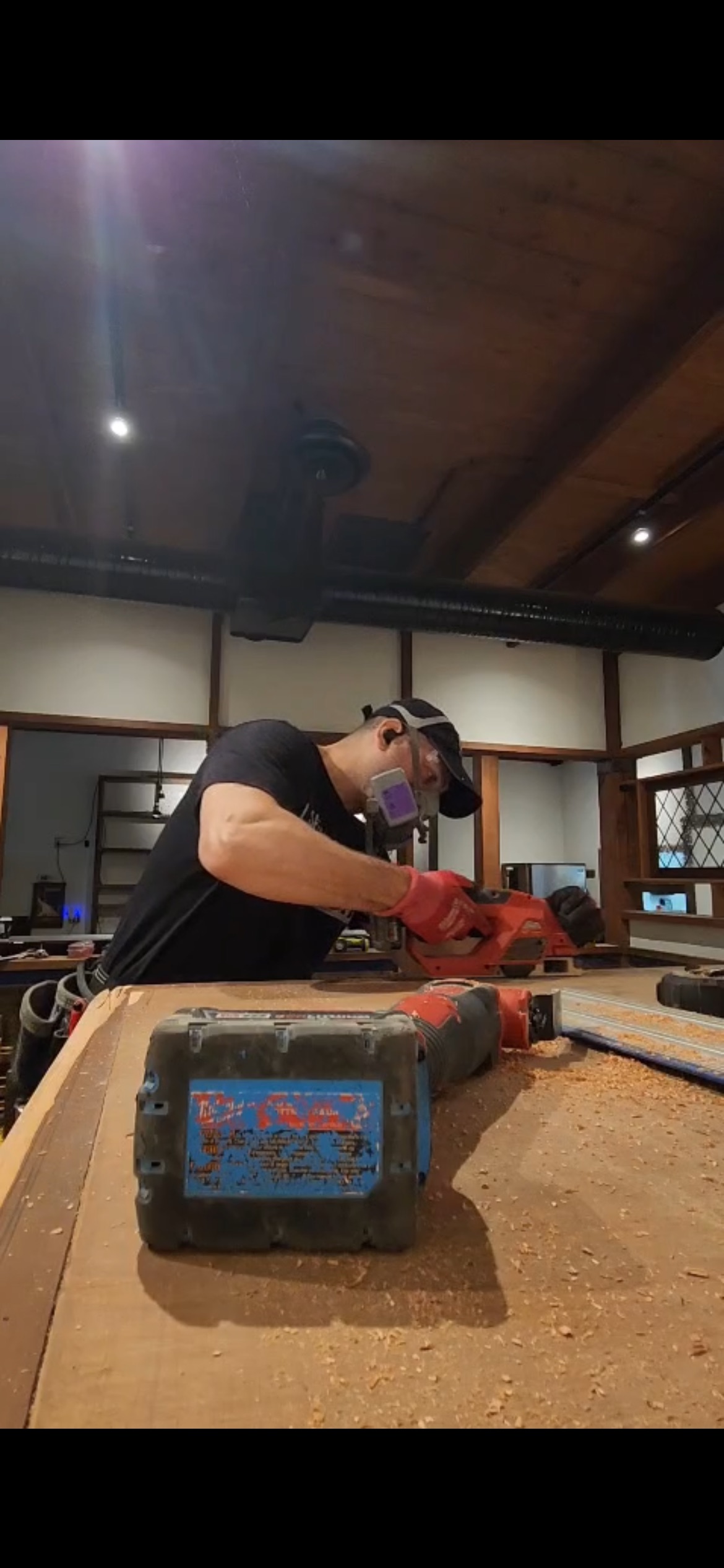 Wood components being cut for the custom restaurant fireplace form
