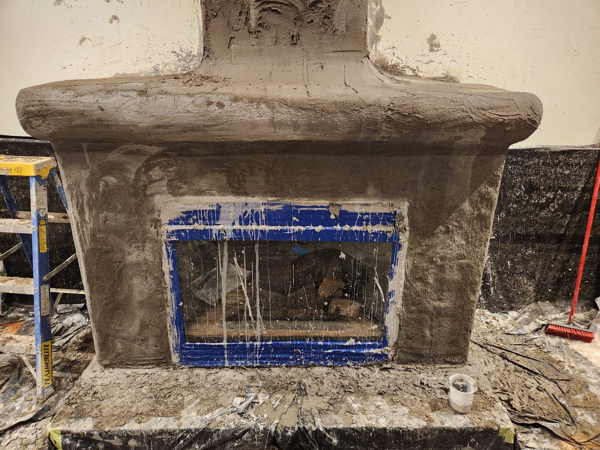 Fireplace surface after hand shaping and texture development